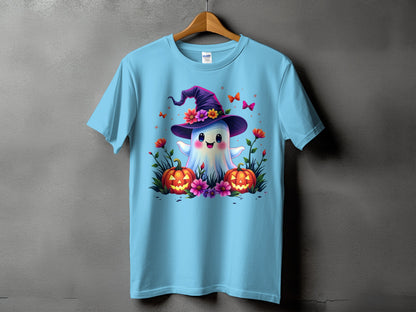 Light blue t-shirt with a smiling ghost wearing a witch hat and surrounded by pumpkins.