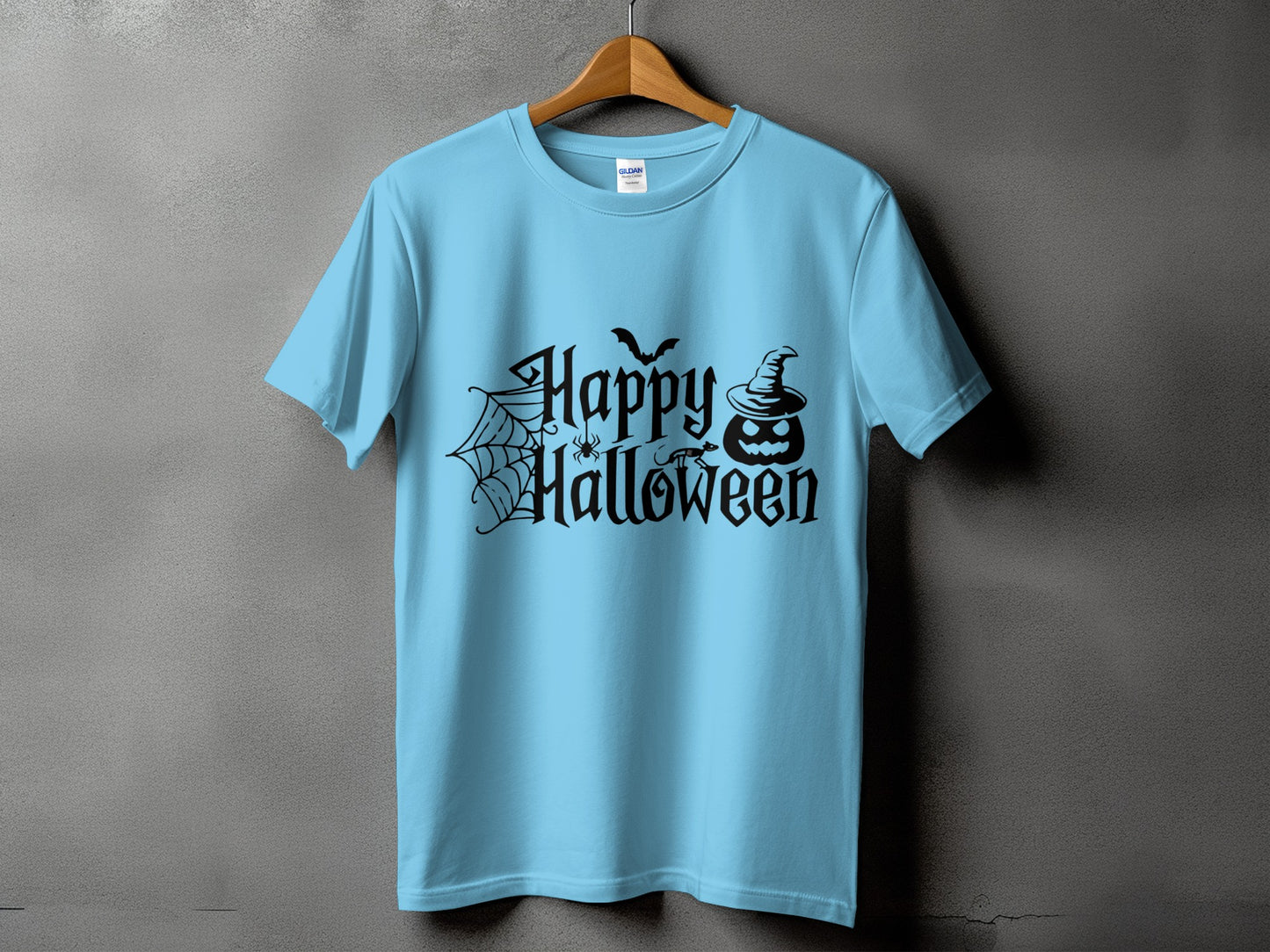 Light blue t-shirt with black Halloween graphic and text.