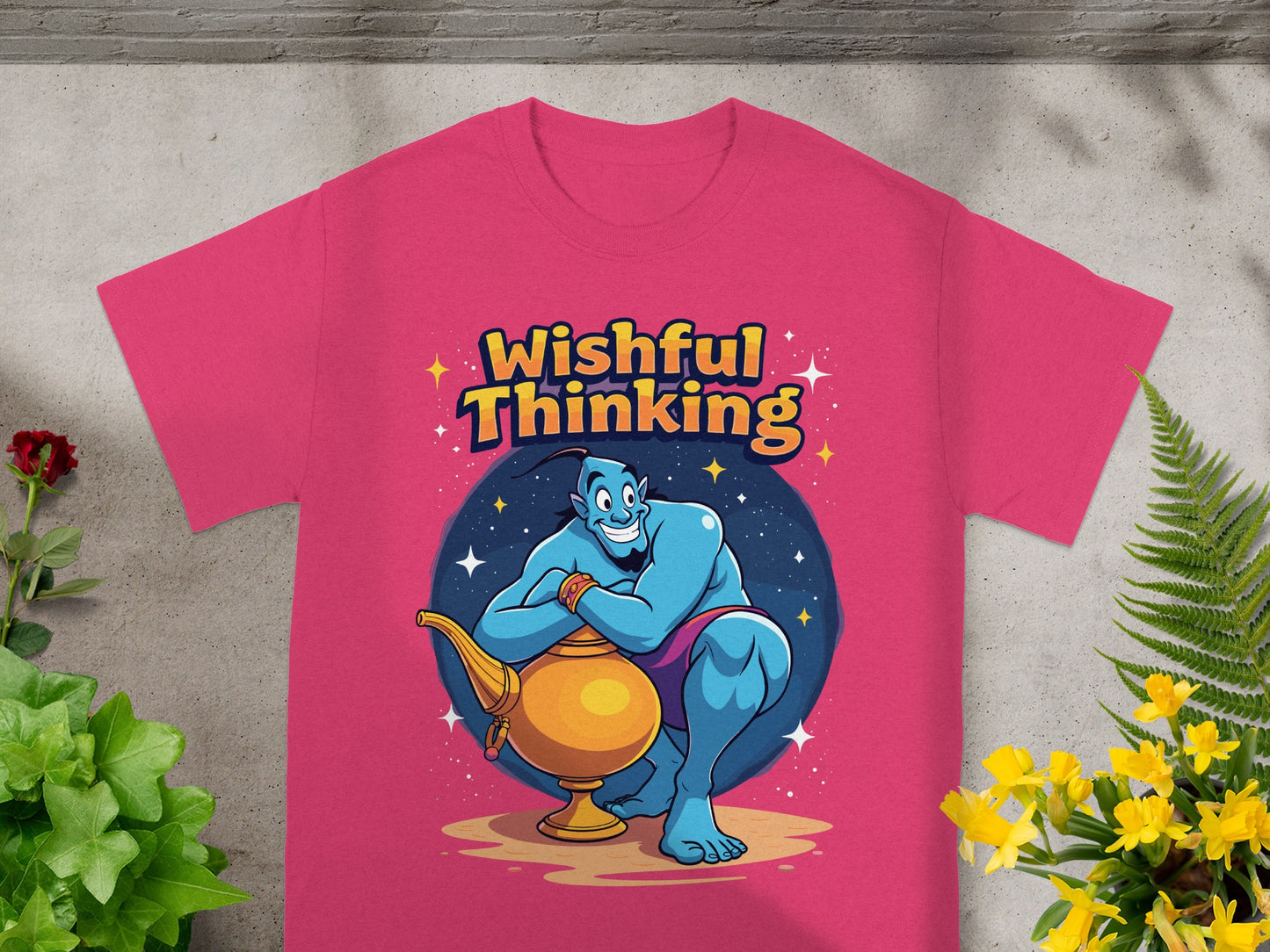 Blue genie emerges from a golden lamp with "Wishful Thinking" text.