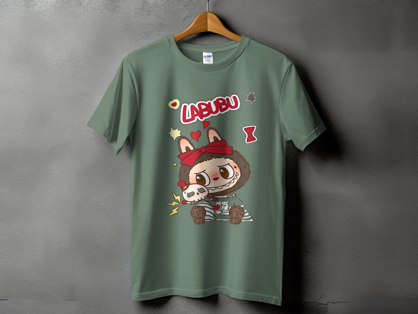 Green t-shirt with Labubu character design holding a skull.