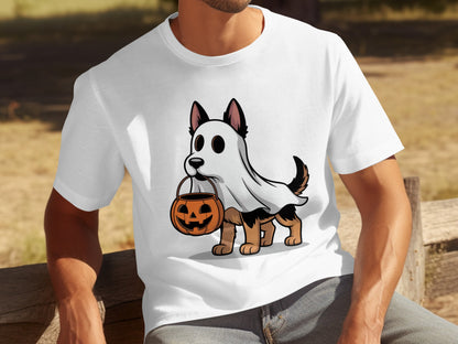 Cute Dog in Ghost Costume with Pumpkin Halloween T-shirt