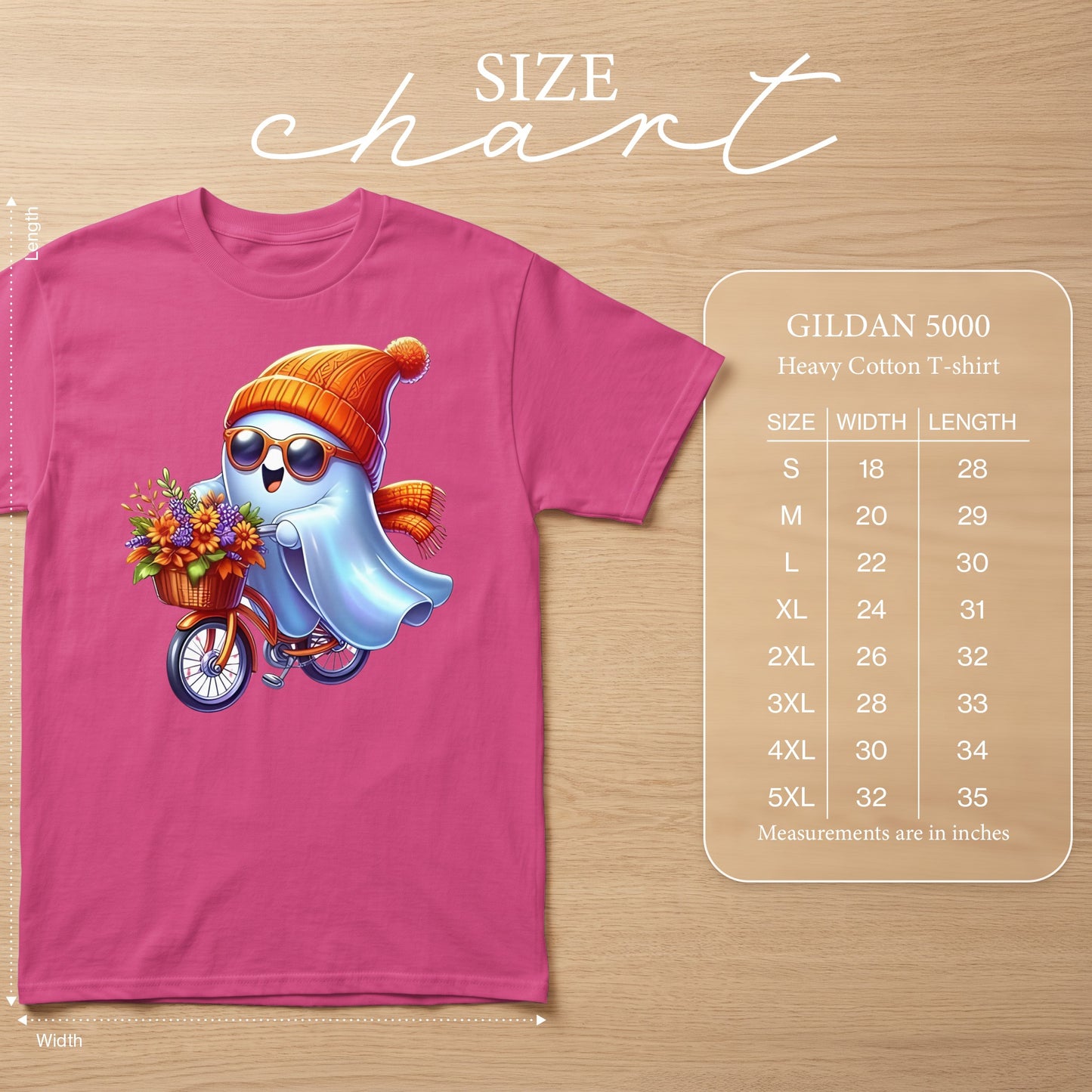 Ghost riding bicycle with flowers, Gildan 5000 Heavy Cotton T-shirt size chart.