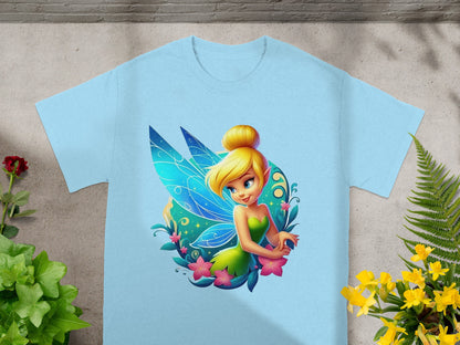 Light blue t-shirt with Tinkerbell illustration and floral accents.