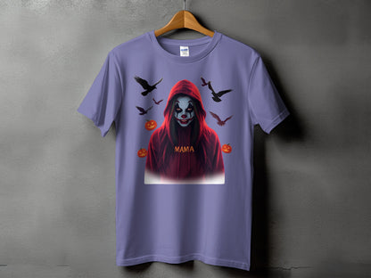 Purple t-shirt with a clown, birds, and pumpkins graphic that says "MAMA."
