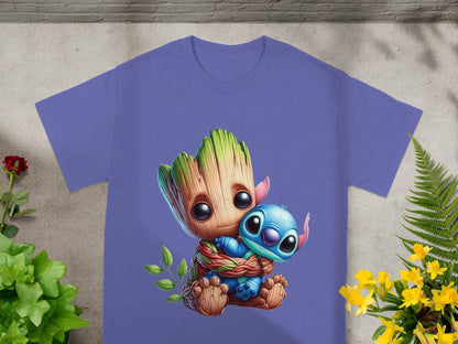 Groot hugging Stitch, design on a purple t-shirt.