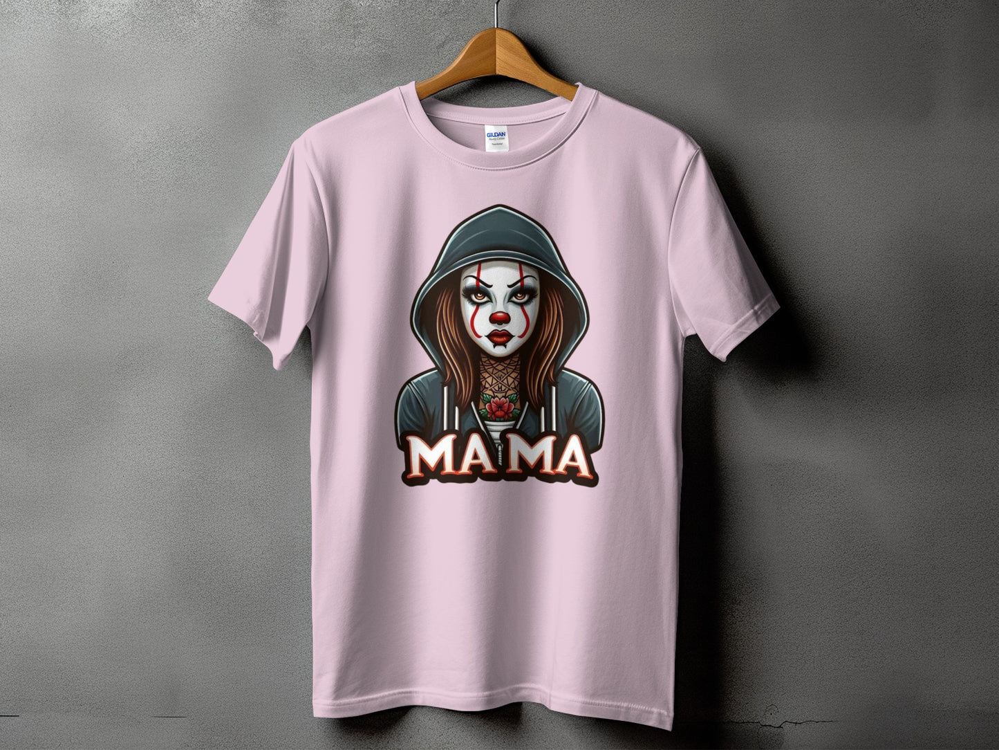 Pink t-shirt with a graphic of a clown-like woman and the word "MAMA"