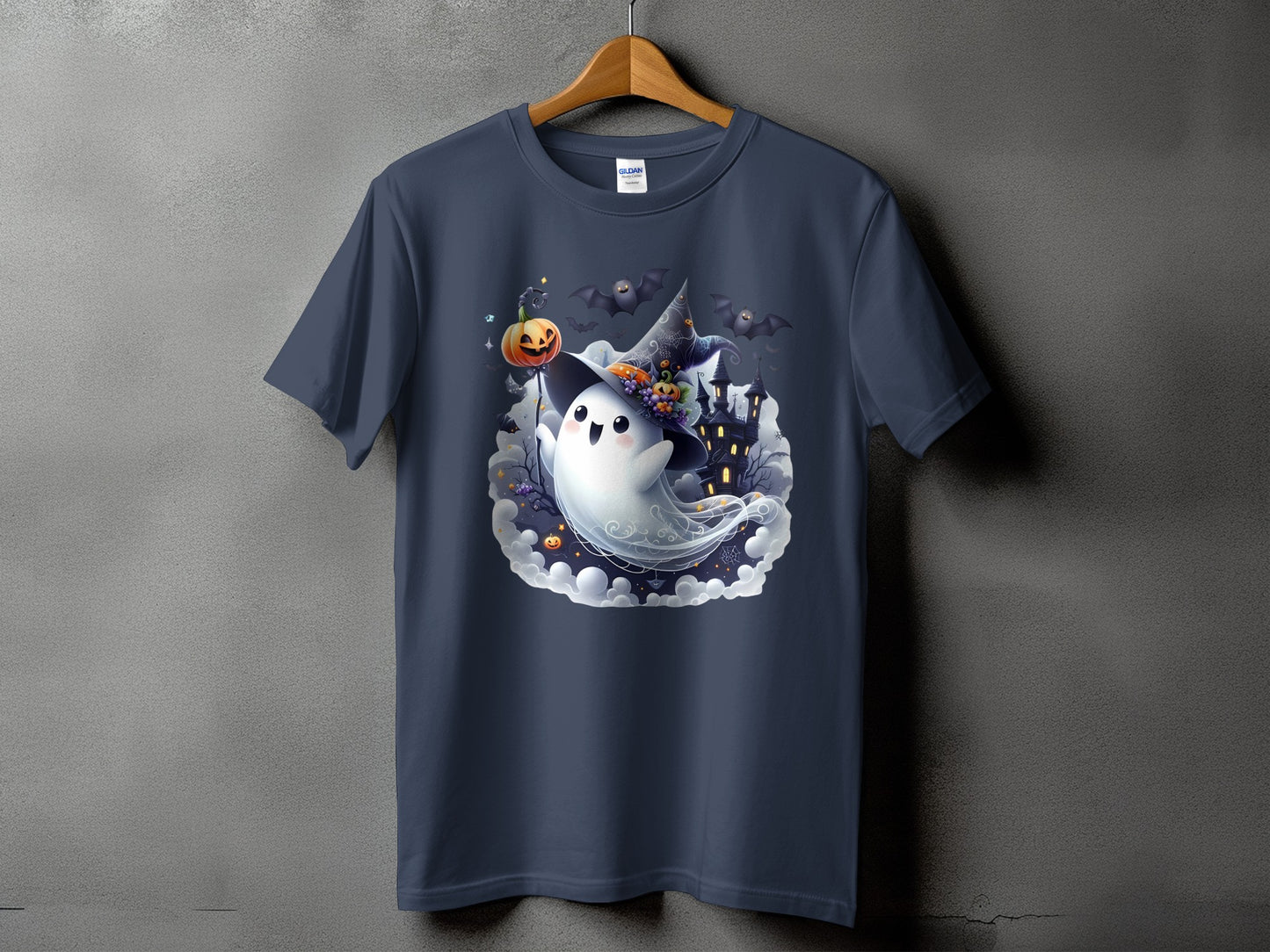 Cute ghost with witch hat holding pumpkin, surrounded by haunted house and bats.