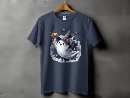 Cute ghost with witch hat holding pumpkin, surrounded by haunted house and bats.