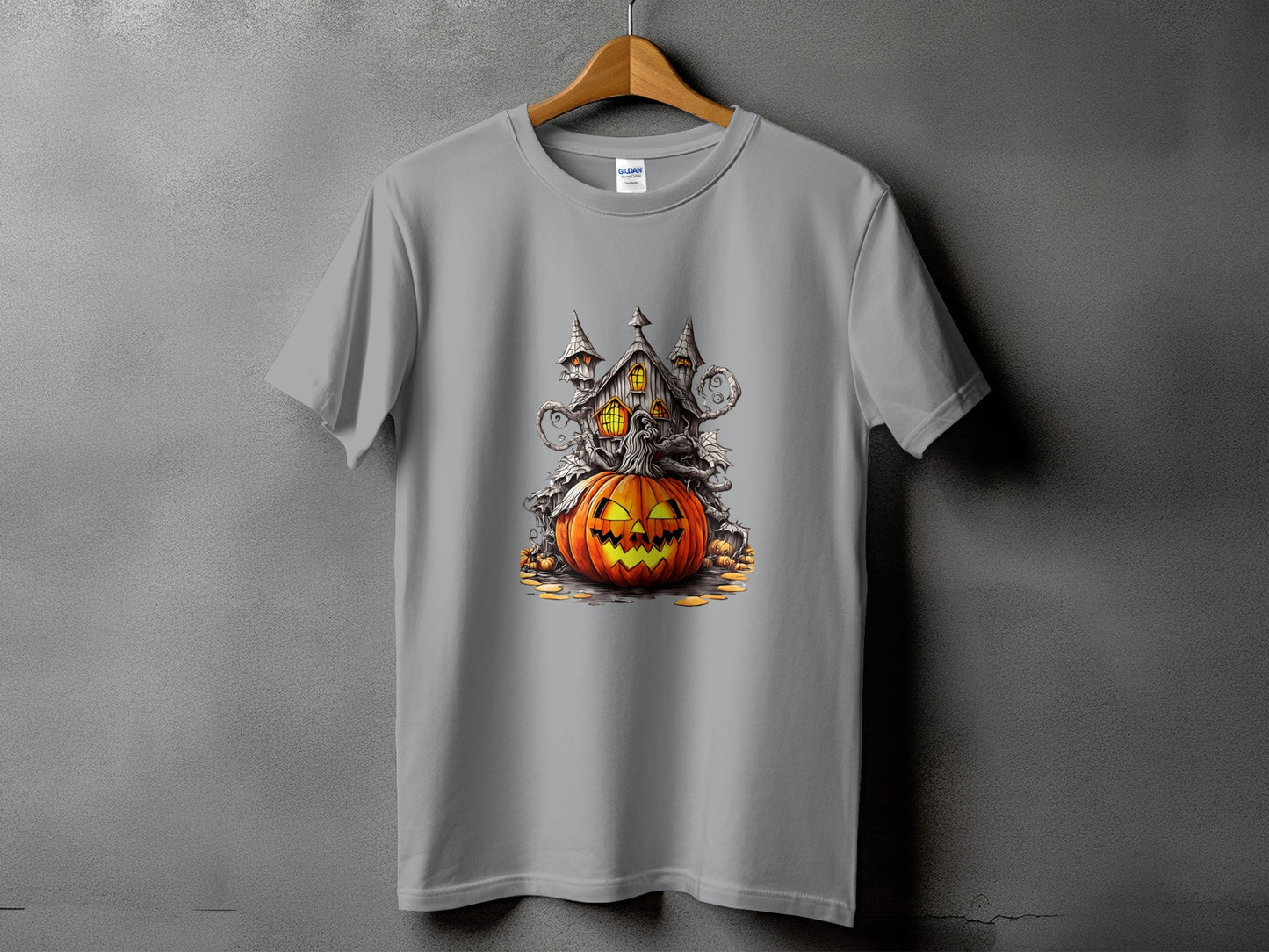 Gray t-shirt with a Halloween graphic of a haunted house and jack-o'-lantern.