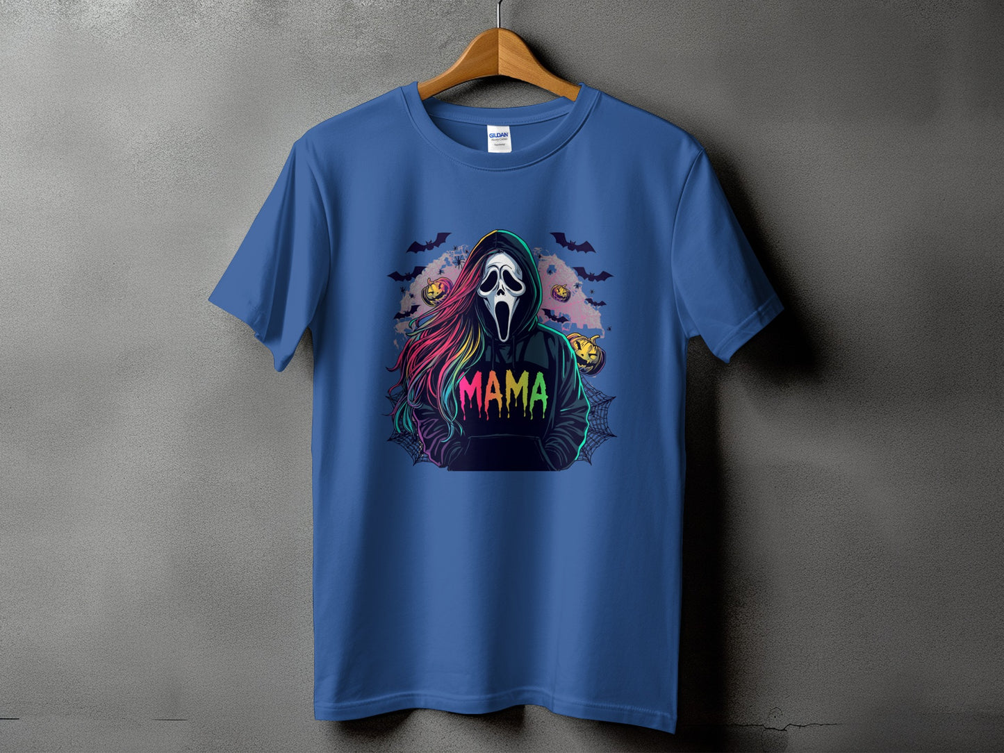 Blue t-shirt with a graphic of a ghost face and "MAMA" text.