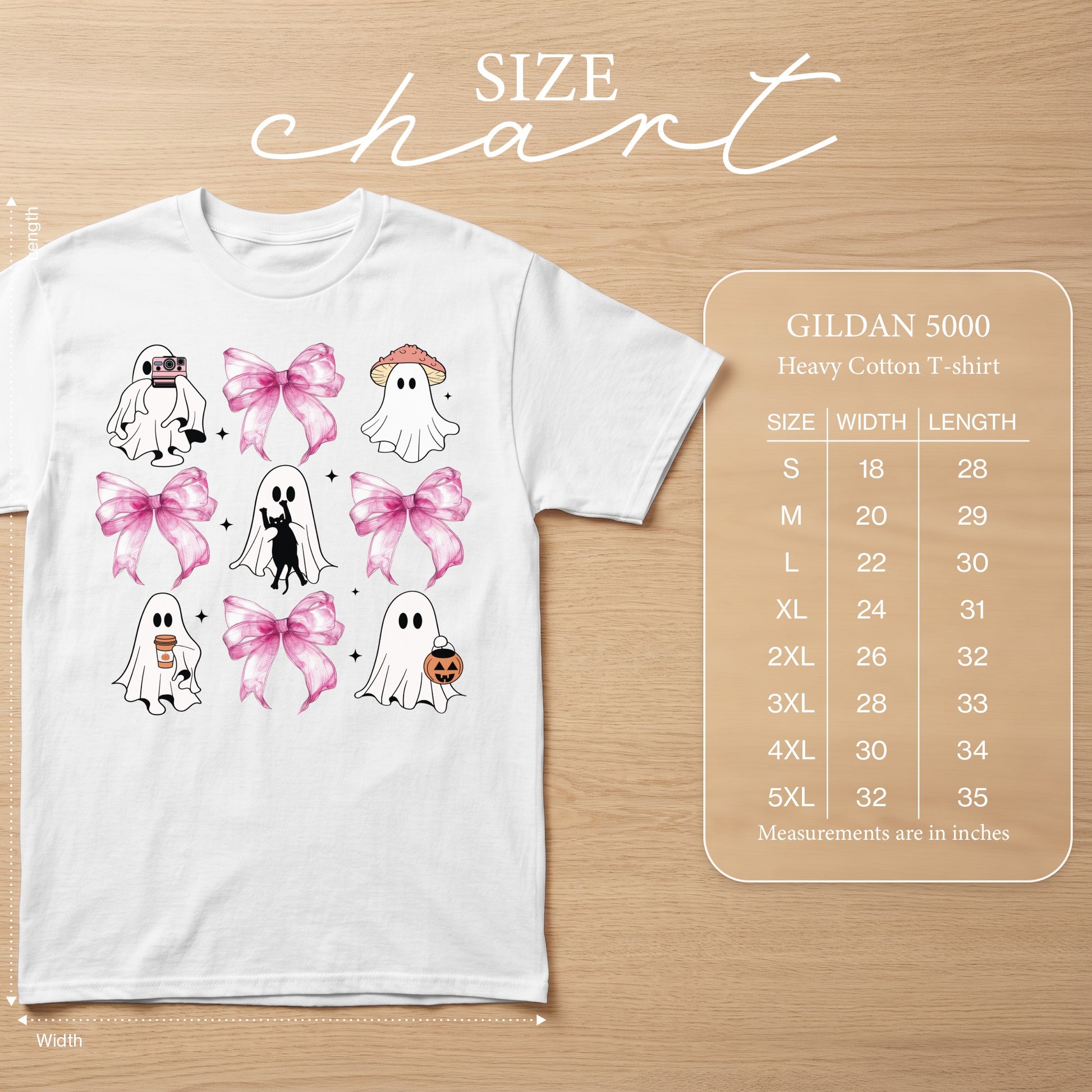 White t-shirt with ghost and pink bow graphic, and a Gildan 5000 size chart.