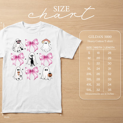 White t-shirt with ghost and pink bow graphic, and a Gildan 5000 size chart.