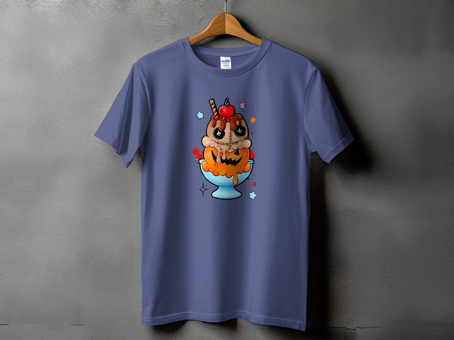 Purple t-shirt featuring a cartoon ice cream sundae with Halloween-themed elements.