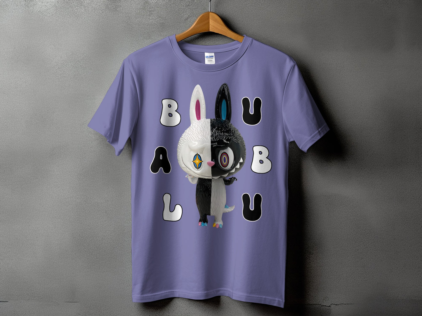 Purple t-shirt with a black and white bunny character and the text "BALU BALU".