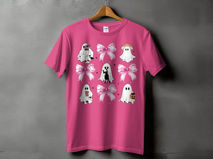 Pink t-shirt with a grid of ghosts, black cat, and bows.