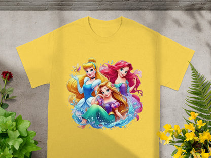 Yellow t-shirt featuring cartoon illustration of Disney princesses Ariel, Cinderella, and Aurora.