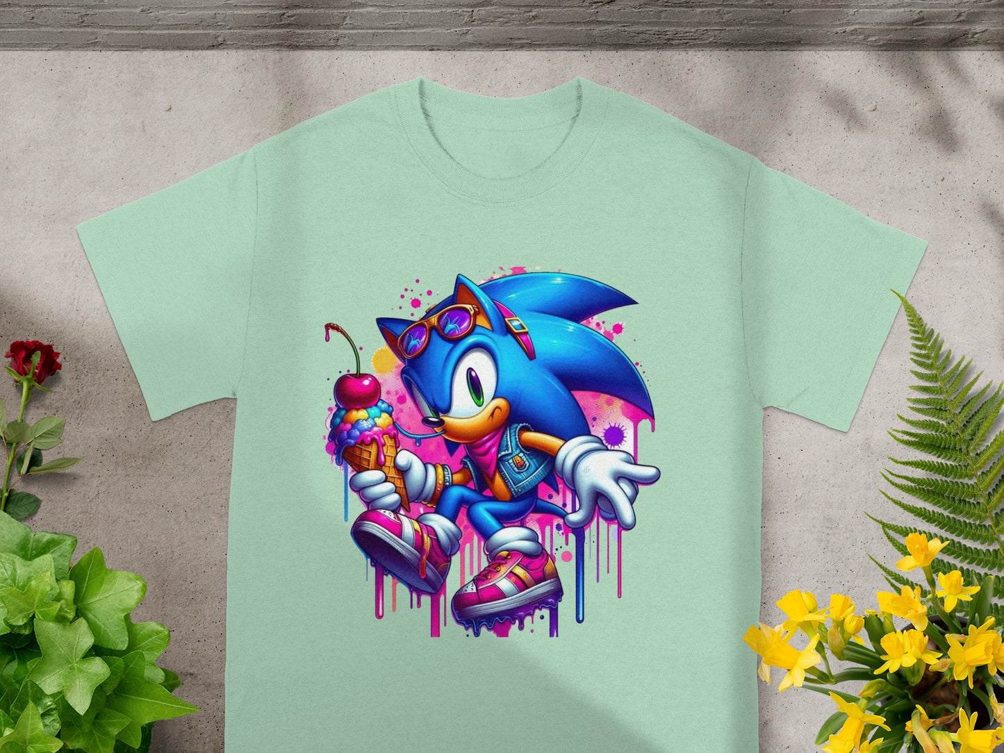 Sonic the Hedgehog in sunglasses holding an ice cream cone dripping with color.