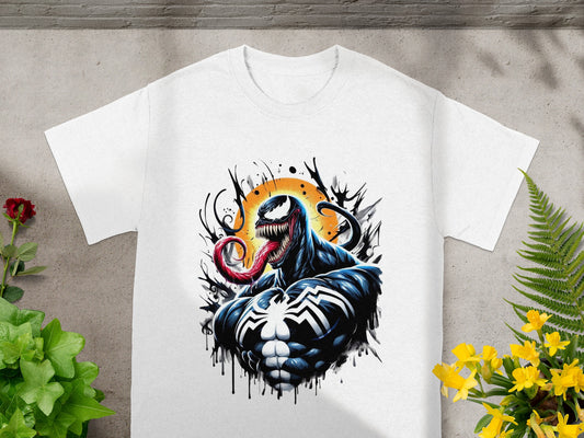 White t-shirt with Venom from Spider-Man artwork, tongue extended.