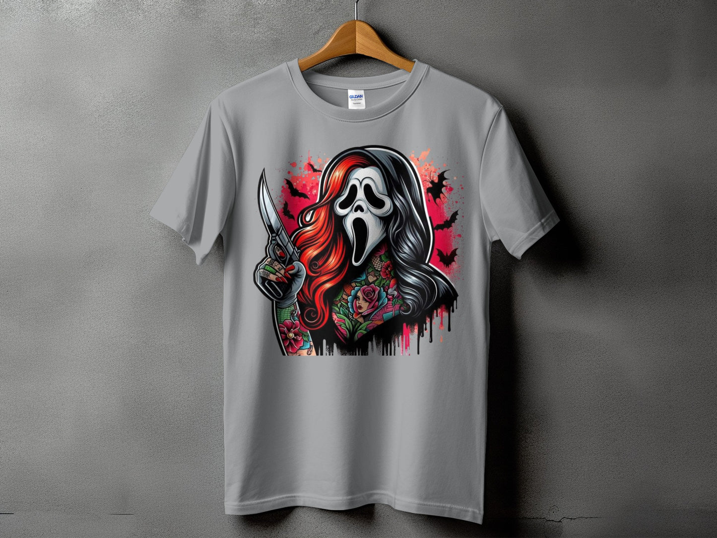 Grey t-shirt with Ghostface mask, knife, bats, and floral tattoos.