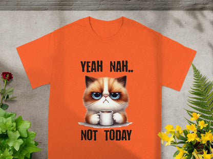 Yeah Nah Not Today Cat T-Shirt with Coffee Print