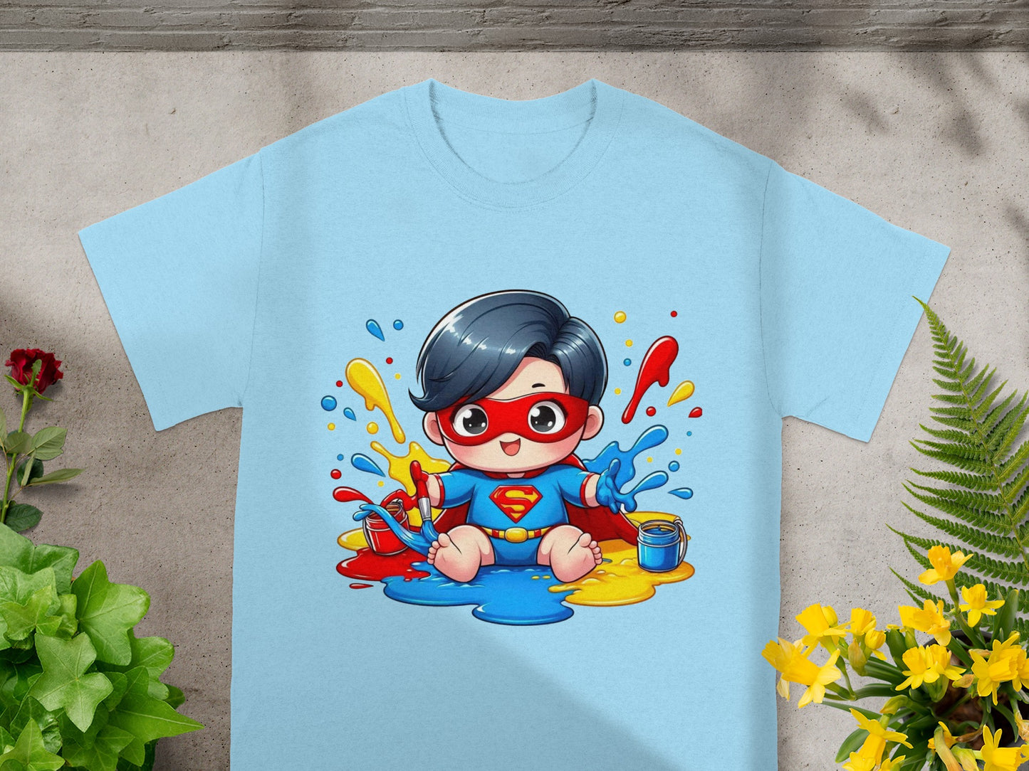 Cute cartoon superhero child splattered with paint.