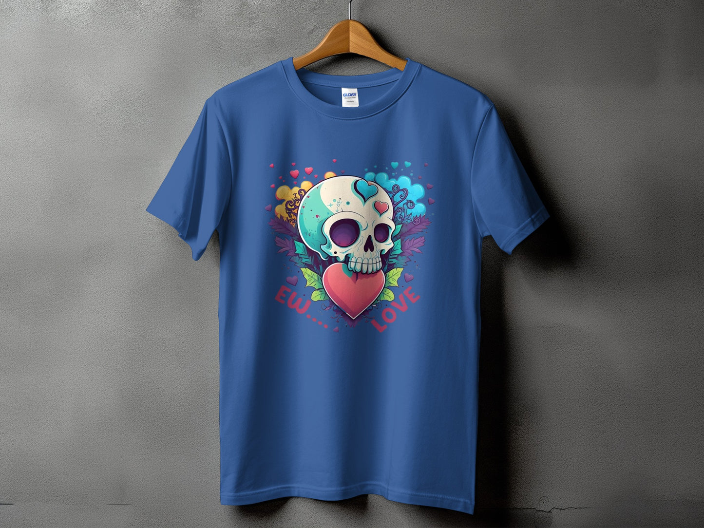 Blue t-shirt with a stylized skull holding a heart, text reads "Ew...Love".