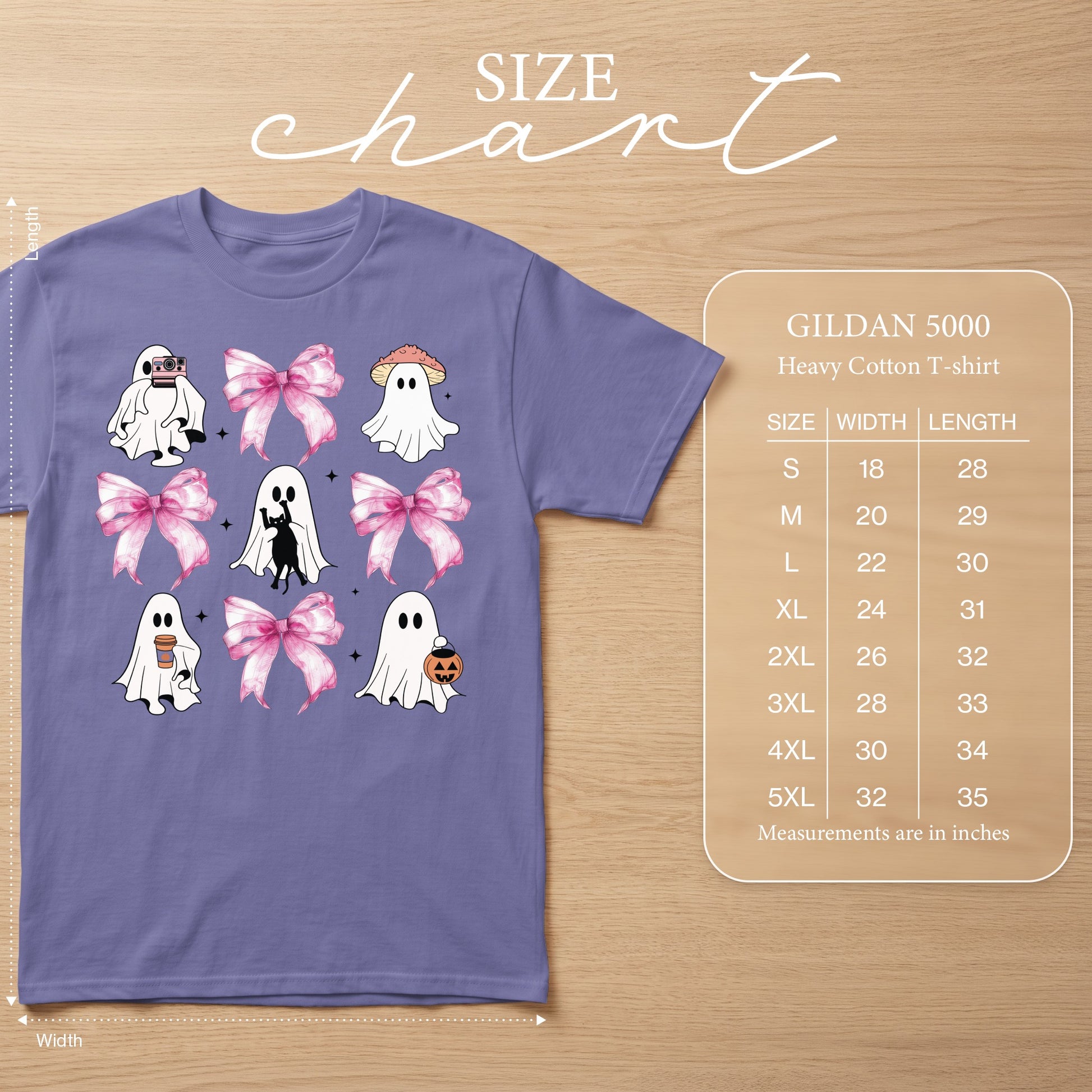 Purple t-shirt with ghost illustrations and pink bows, size chart provided.
