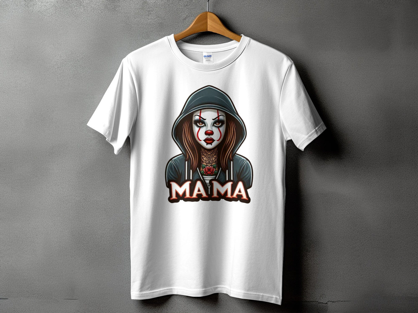 White t-shirt with a hooded clown graphic and the word "MAMA" below.