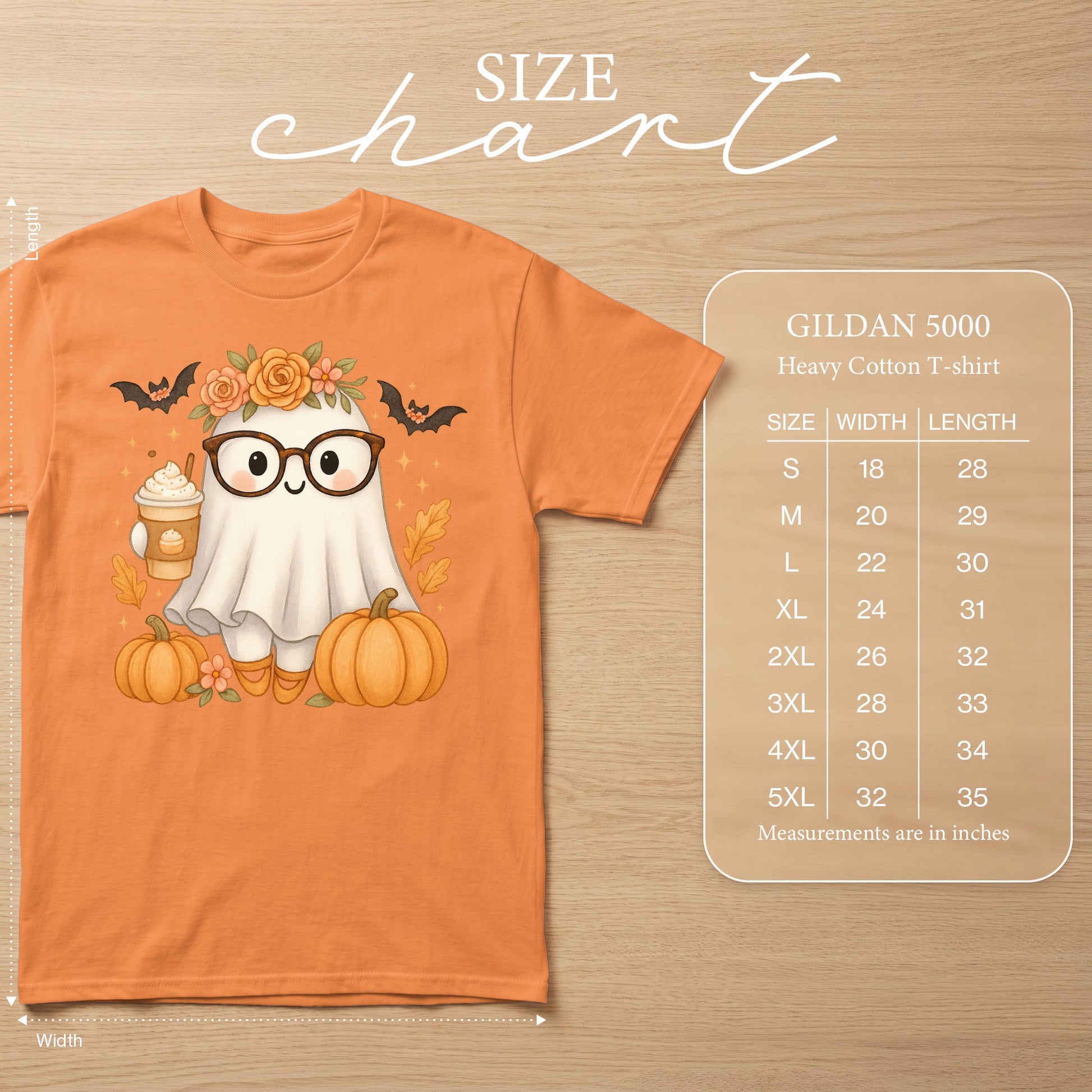 Orange t-shirt with cute ghost, pumpkins, and bats graphic and Gildan 5000 size chart.