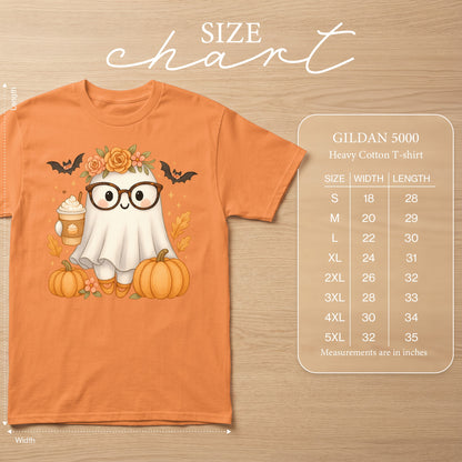Orange t-shirt with cute ghost, pumpkins, and bats graphic and Gildan 5000 size chart.