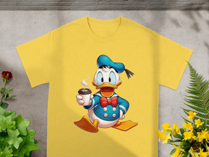 Donald Duck in a sailor outfit holding a coffee cup.