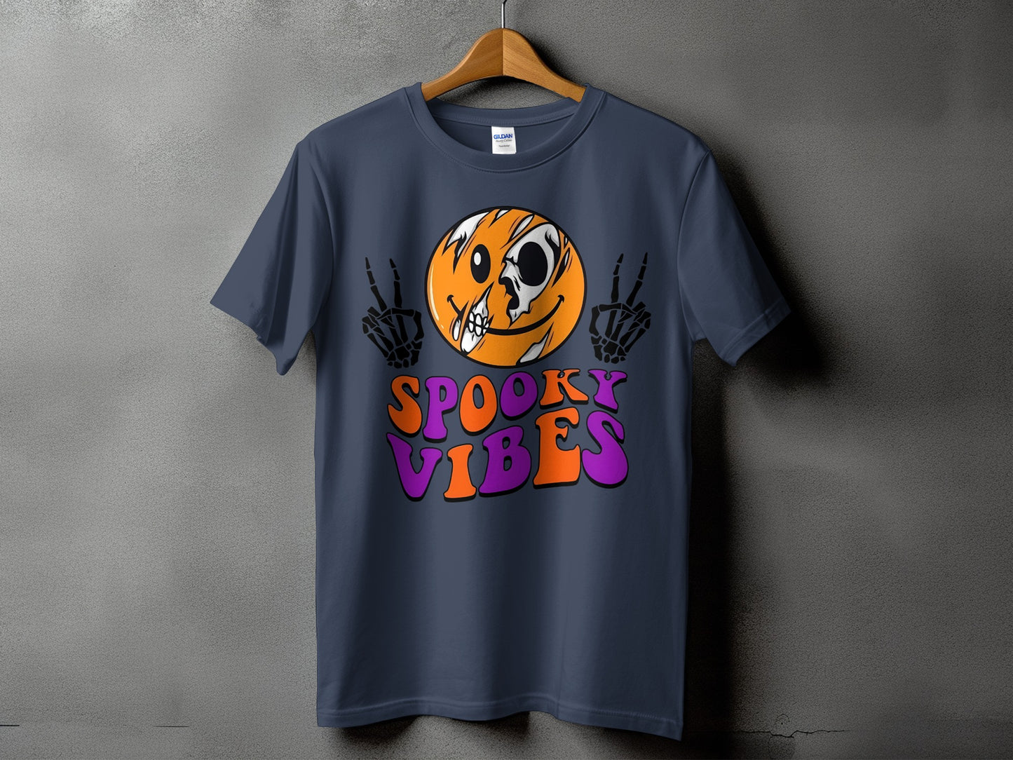 Dark blue t-shirt with a distressed smiley face, skeleton hands, and "Spooky Vibes" text.