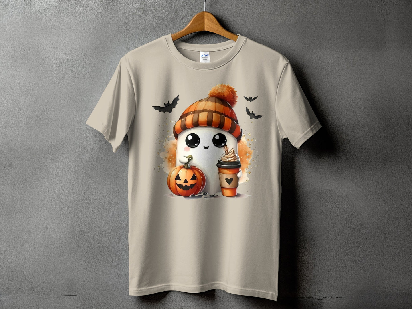 Ghost wearing beanie with pumpkin and coffee, surrounded by bats.