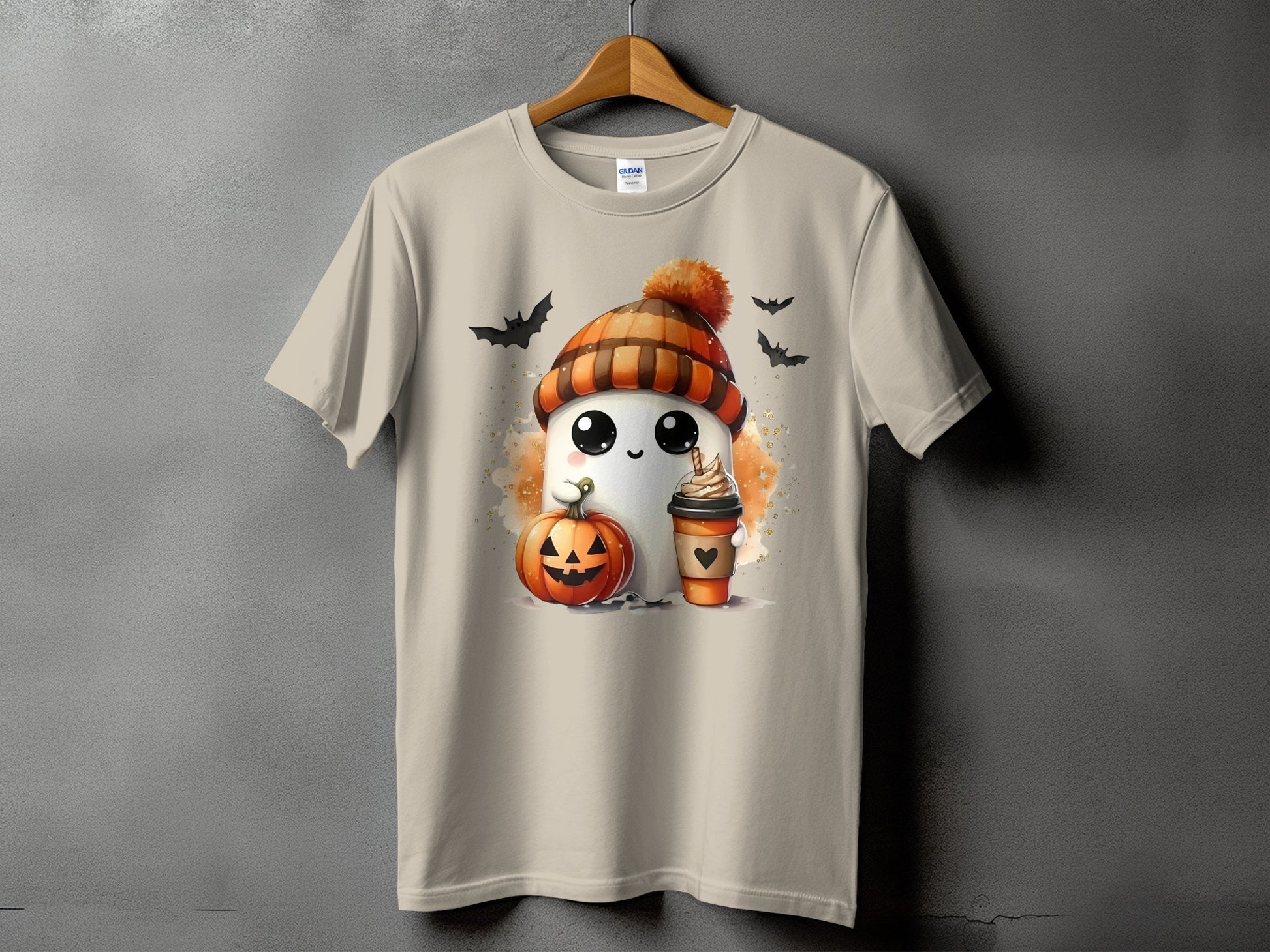 Ghost wearing beanie with pumpkin and coffee, surrounded by bats.