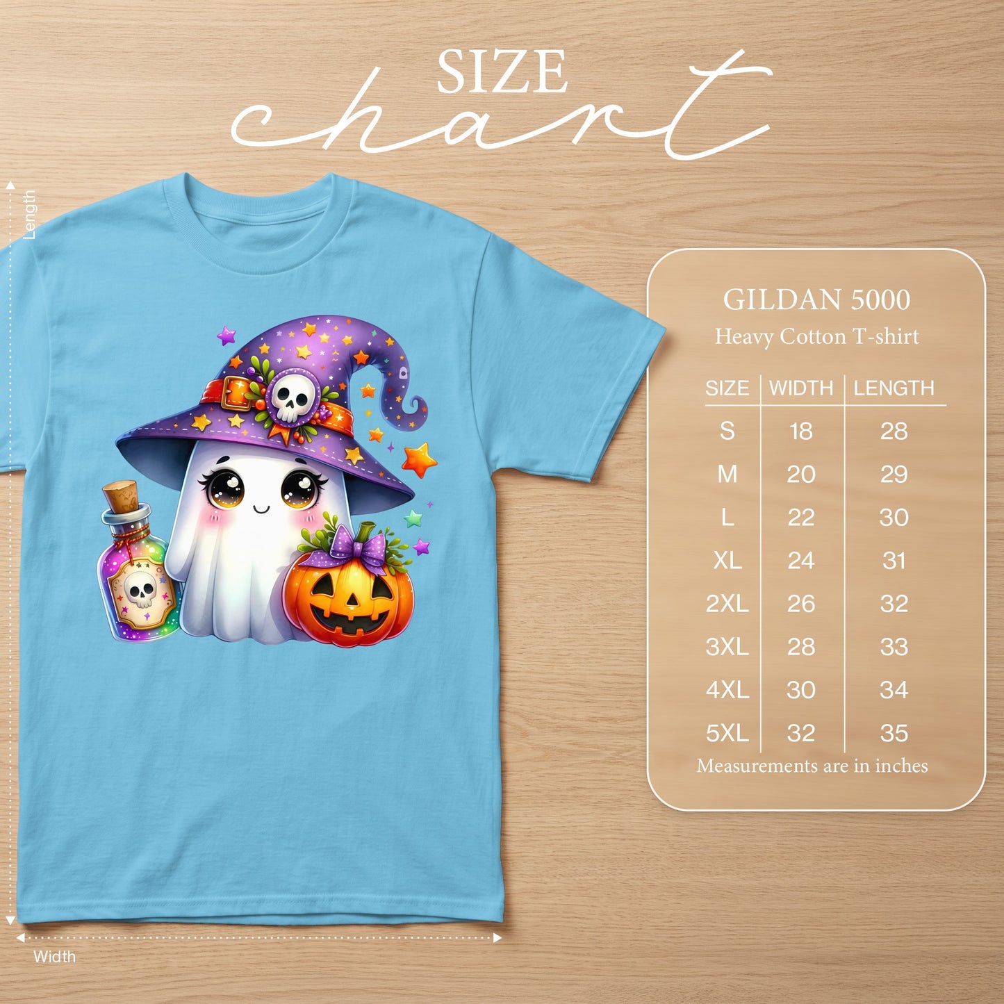 Light blue Gildan 5000 t-shirt with cute cartoon ghost wearing witch hat and holding potion.