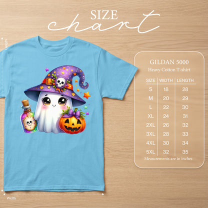 Light blue Gildan 5000 t-shirt with cute cartoon ghost wearing witch hat and holding potion.