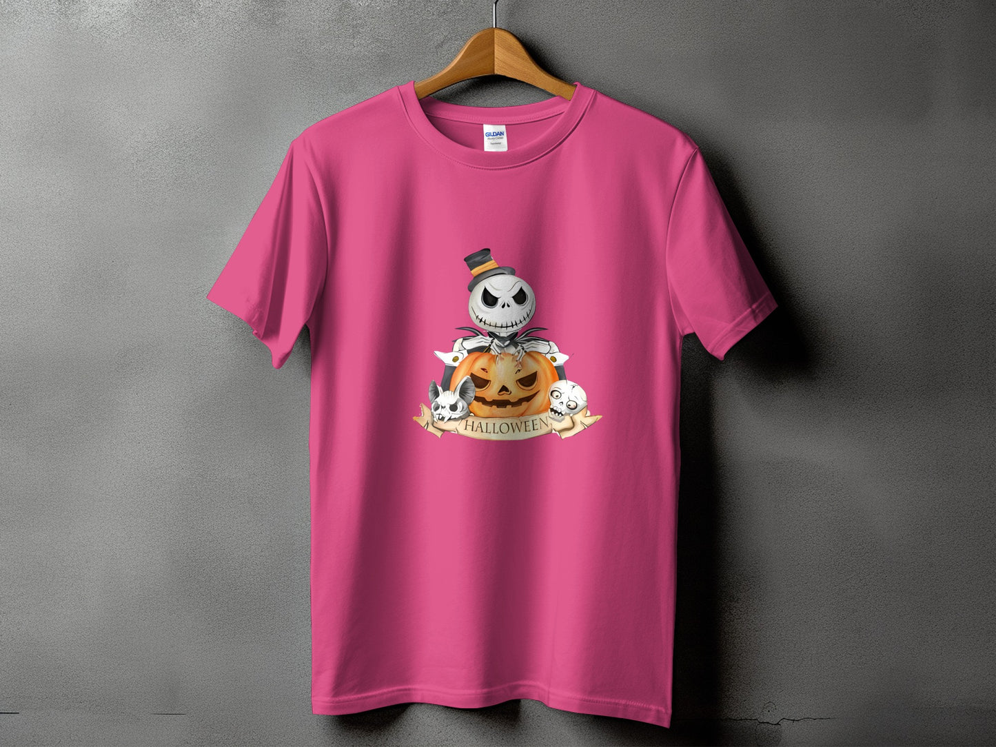 Pink t-shirt with Jack Skellington, pumpkin, skulls, and "Halloween" text graphic.