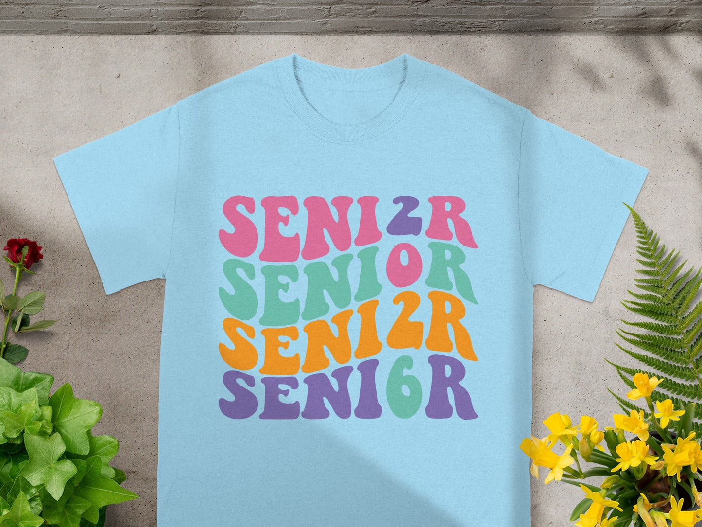 Colorful SEN1OR SENIOR Design Light Blue T-Shirt