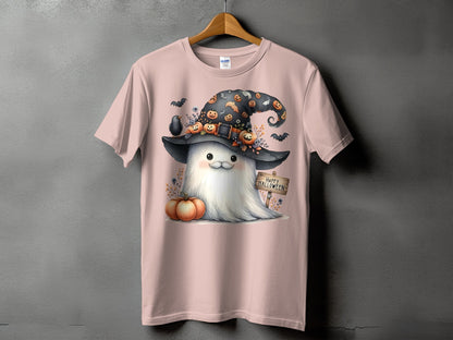 Pink t-shirt with watercolor ghost wearing a witch hat, bats, and pumpkins.