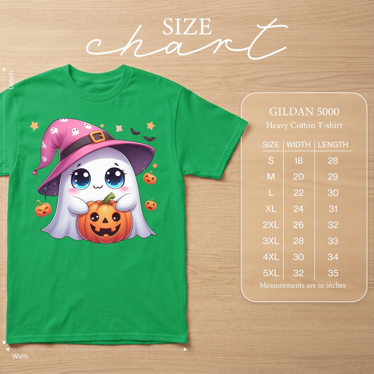 Green Gildan 5000 t-shirt with cute ghost holding pumpkin and size chart.