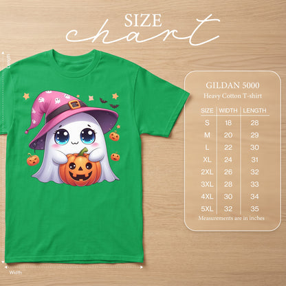 Green Gildan 5000 t-shirt with cute ghost holding pumpkin and size chart.