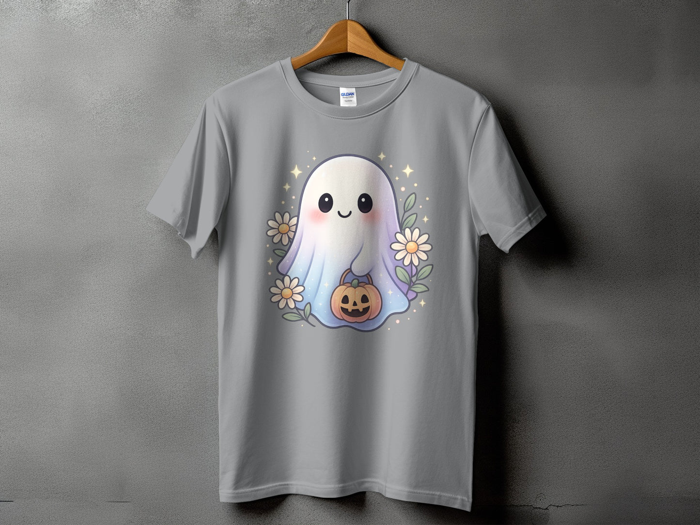 Grey t-shirt featuring a kawaii ghost holding a pumpkin with flowers.
