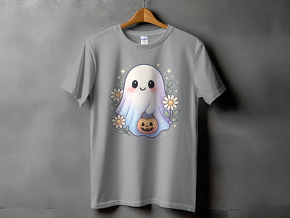 Grey t-shirt featuring a kawaii ghost holding a pumpkin with flowers.