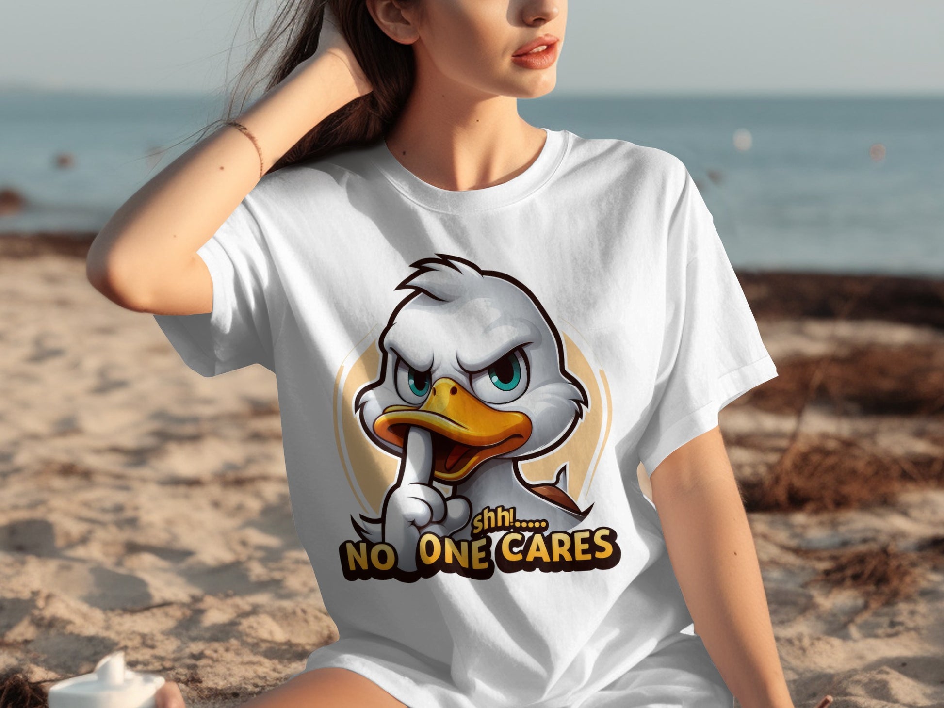 Shhh No One Cares Funny Sassy Duck Graphic Tee Shirt