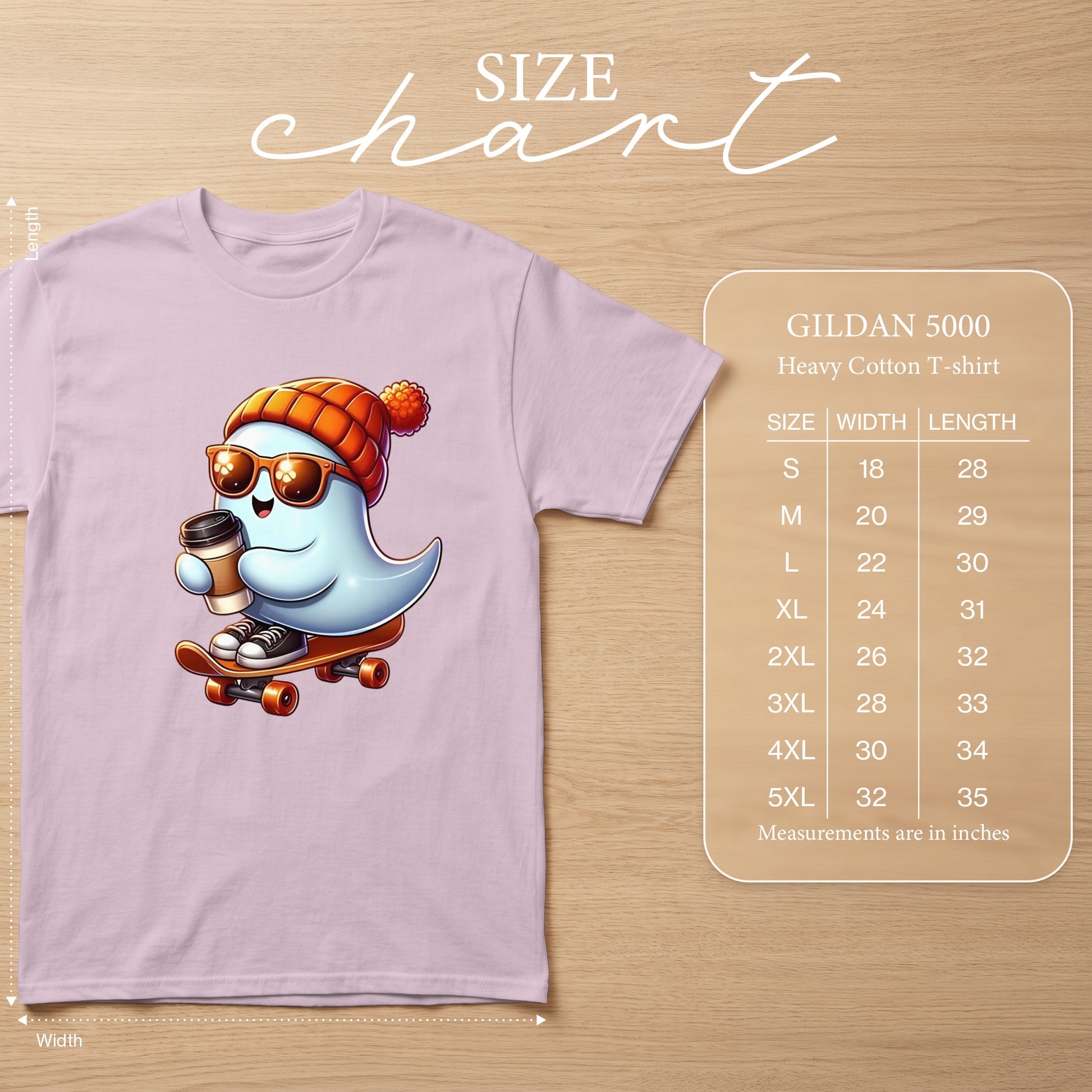 Ghost with sunglasses and beanie on skateboard holding coffee, Gildan 5000 size chart.