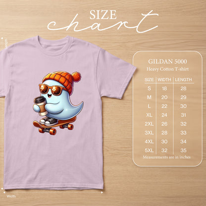 Ghost with sunglasses and beanie on skateboard holding coffee, Gildan 5000 size chart.