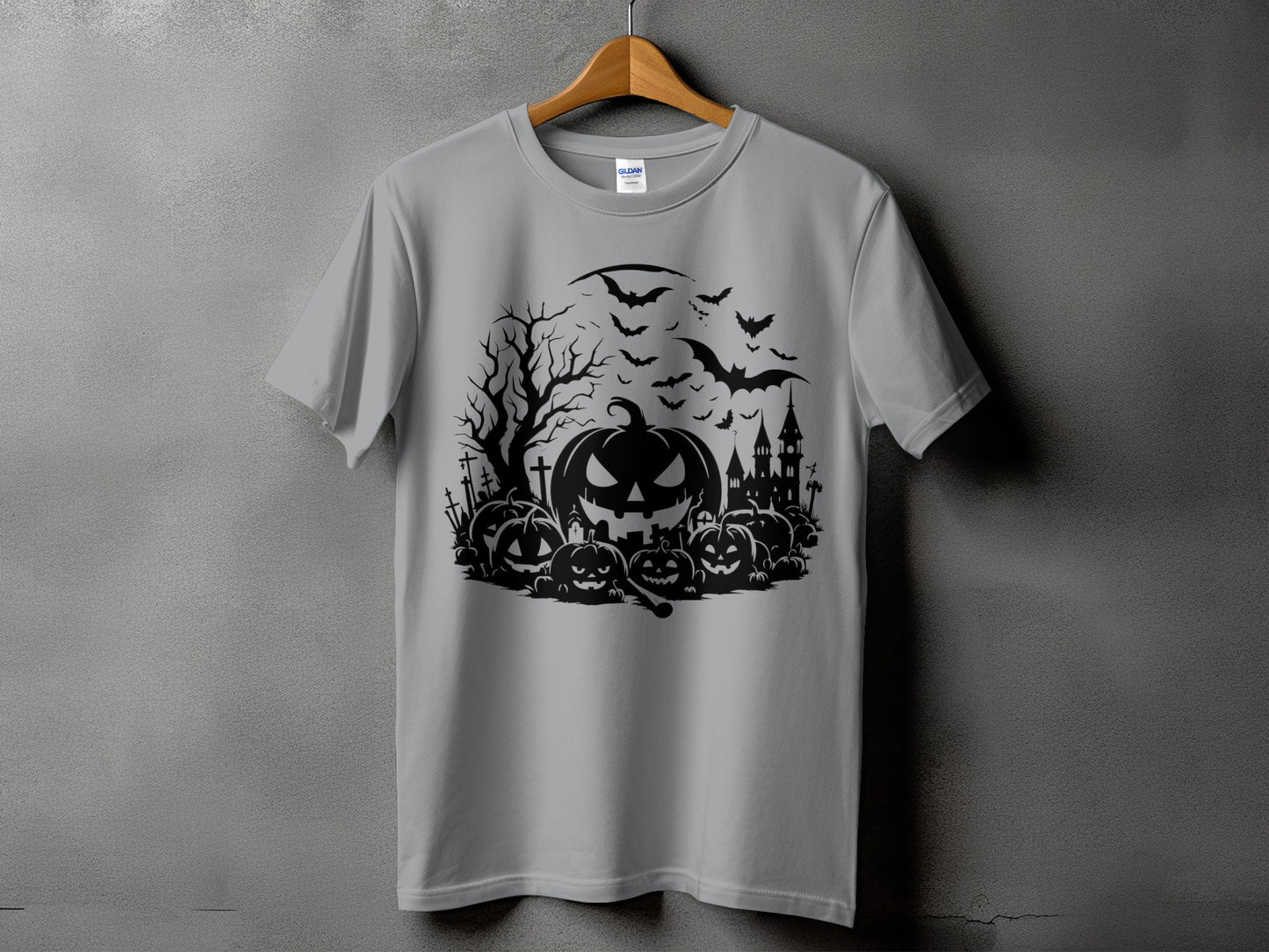 Grey t-shirt with a black Halloween graphic featuring pumpkins, a haunted house, and bats.