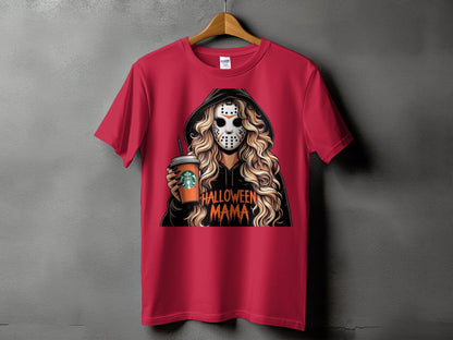 Red t-shirt with graphic of person in hockey mask holding coffee cup, text "Halloween Mama."