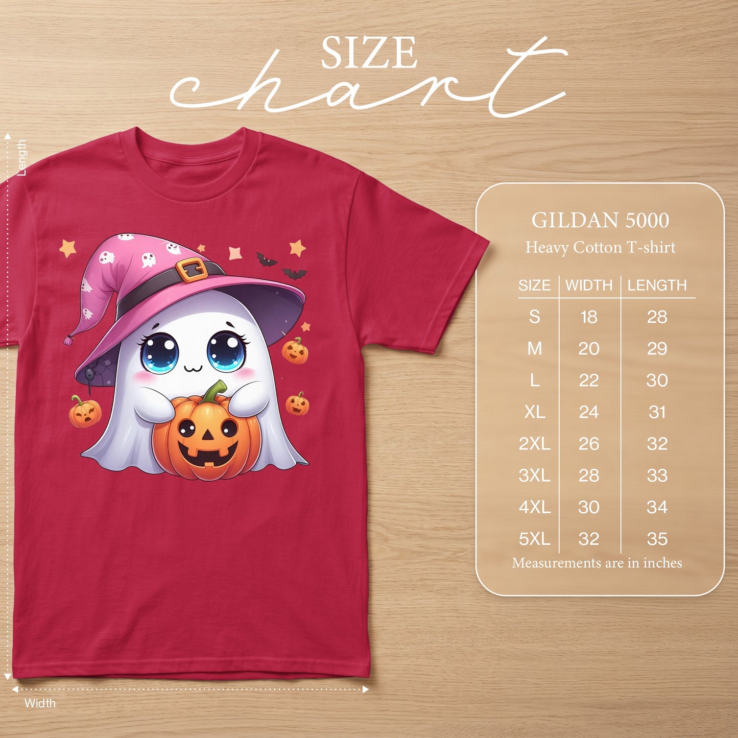 Crimson t-shirt with cartoon ghost in witch hat holding a pumpkin and size chart.