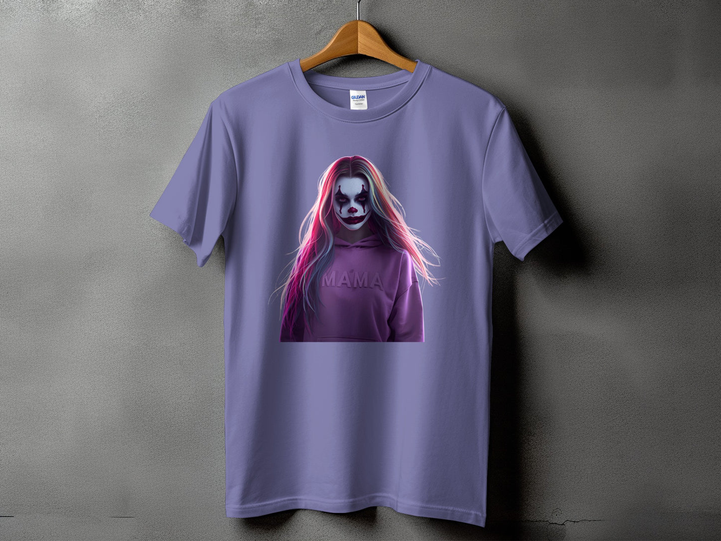 Purple t-shirt with a clown-faced woman graphic and "MAMA" text.